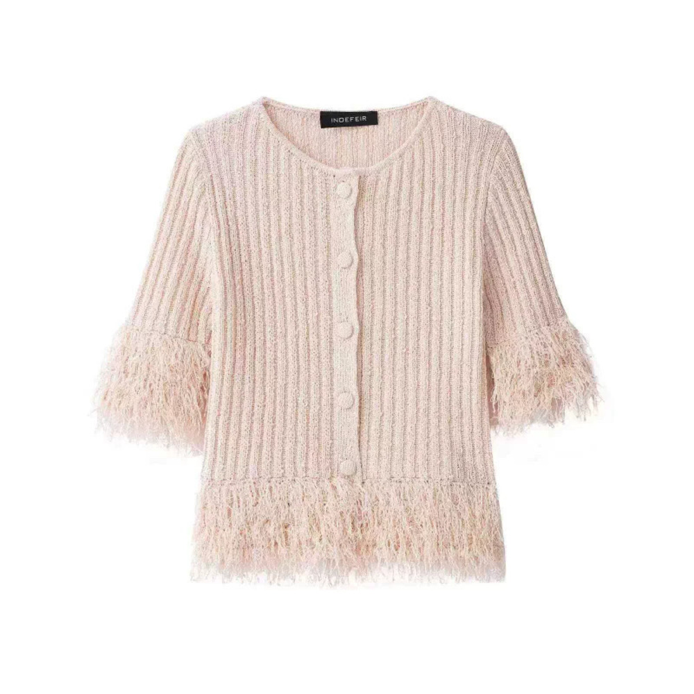 ZARA Summer Fashion Versatile Tassel Knit Round Neck Short Sleeve Top